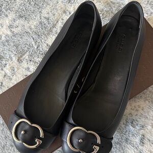 Gucci Black Leather Buckle Ballet Flats | Size 38.5 | With Box